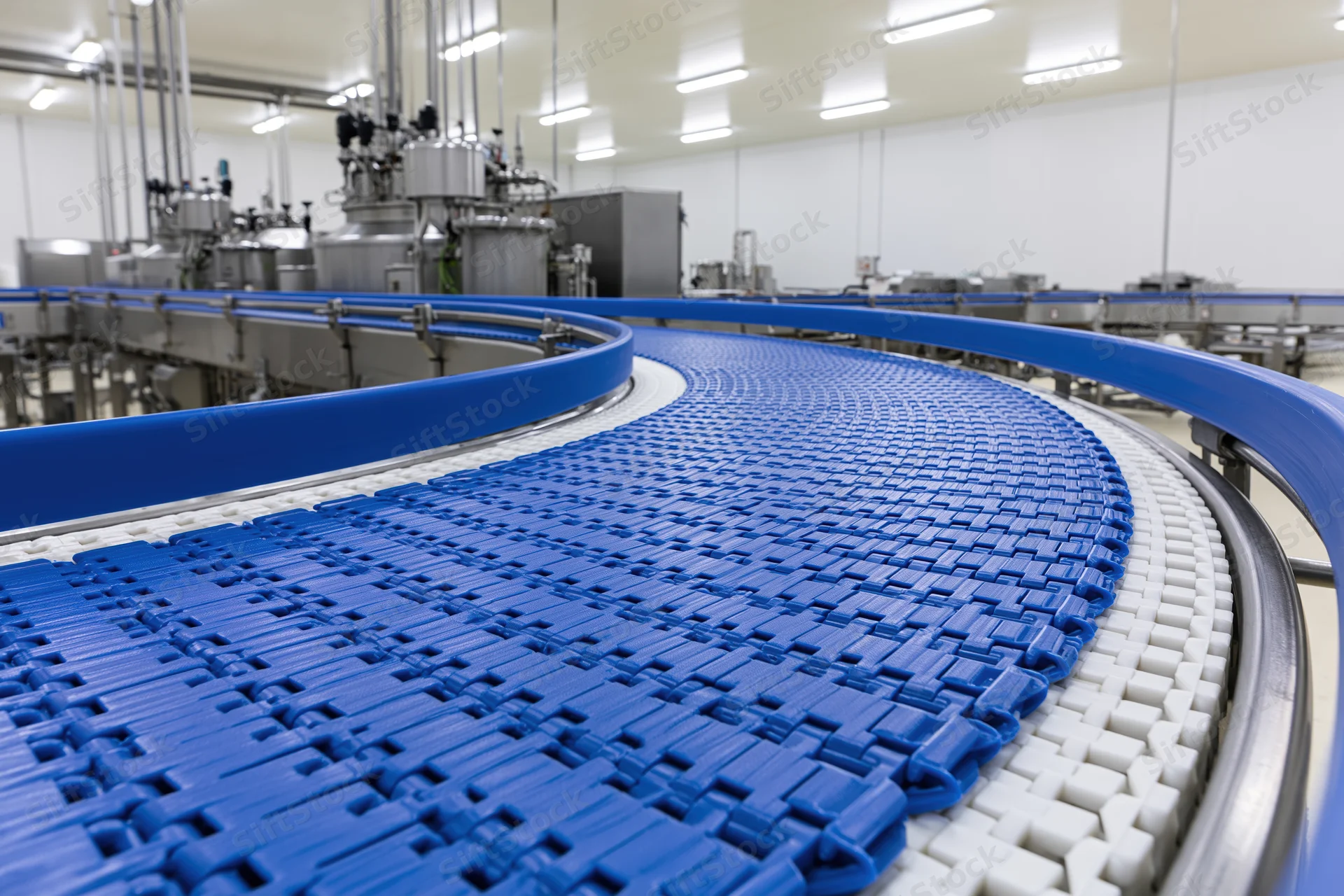 Blue modular plastic conveyor belt curving through industrial factory production area