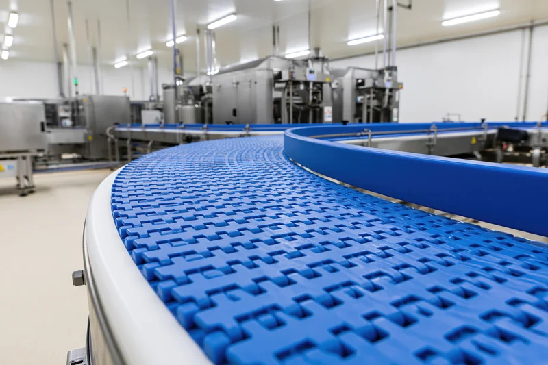 Blue modular conveyor belt curving through an industrial factory production line