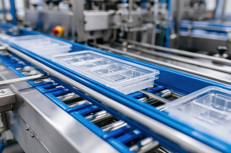 Clear plastic food trays moving along a blue industrial conveyor belt in a factory