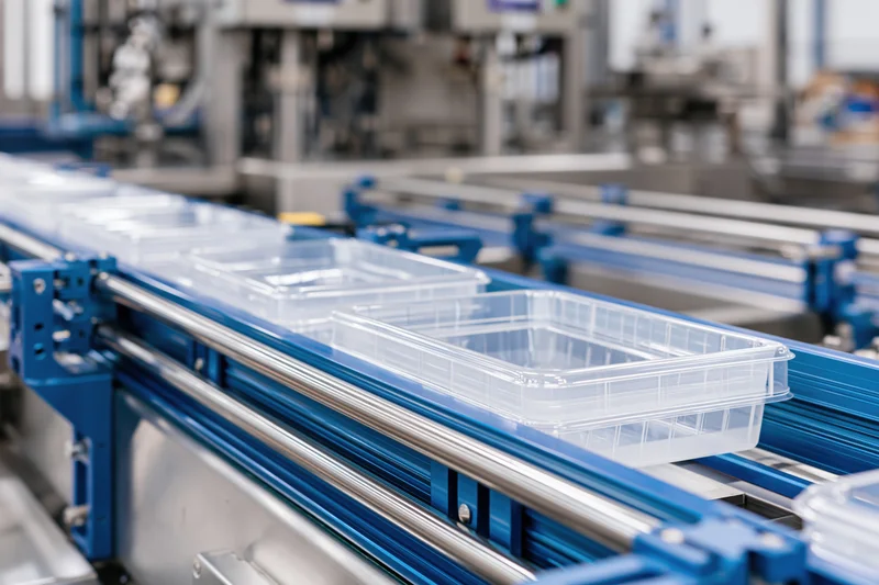 Clear plastic food trays moving along a blue industrial conveyor belt in a factory setting