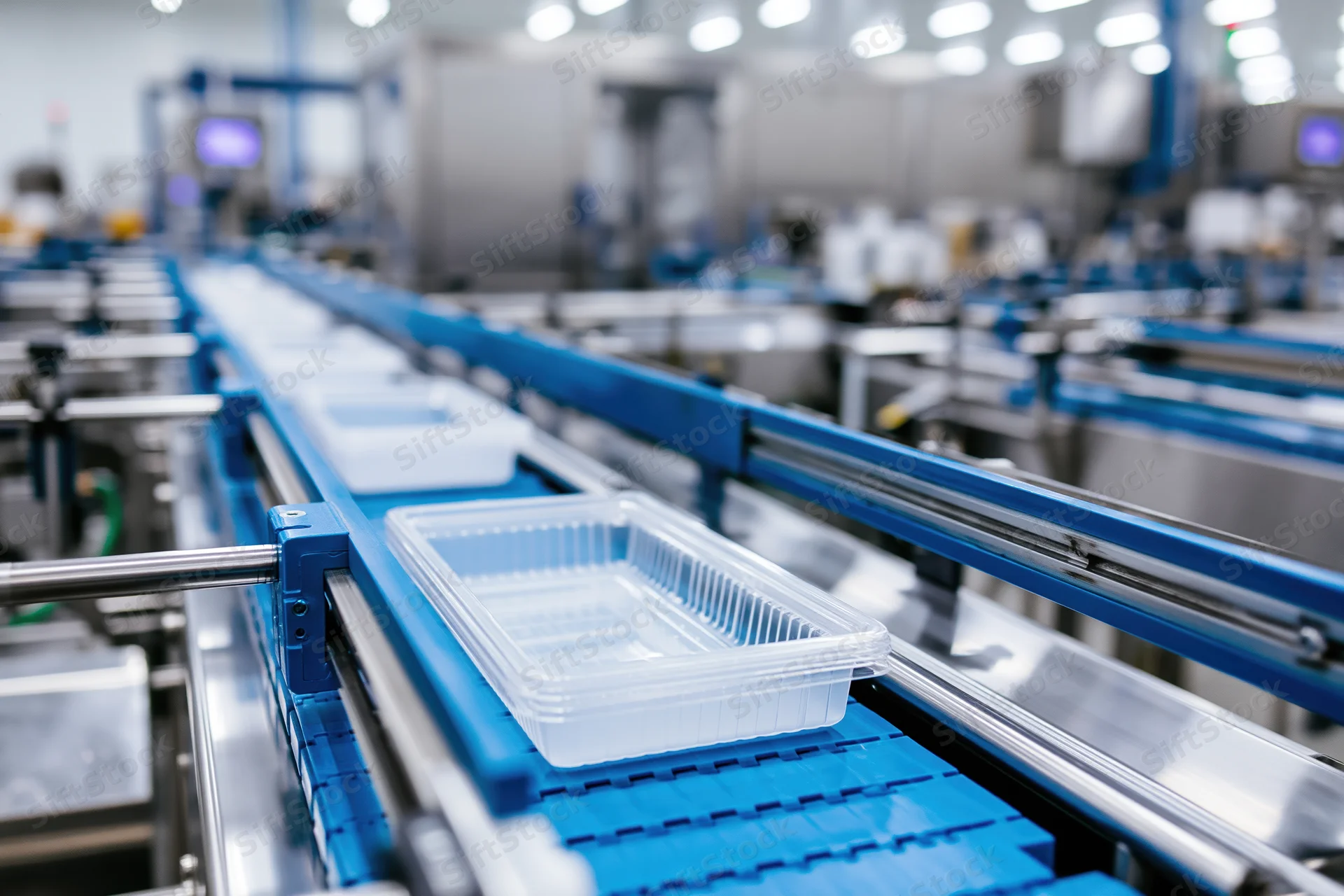 Clear plastic food trays moving along a blue conveyor belt in a factory production line