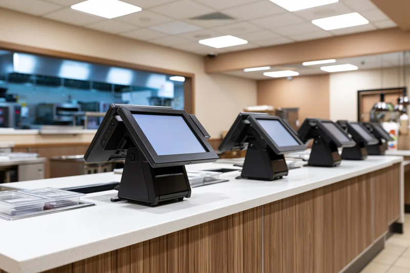 Row of black pos terminals on a fast food restaurant counter with digital screens and no staff present