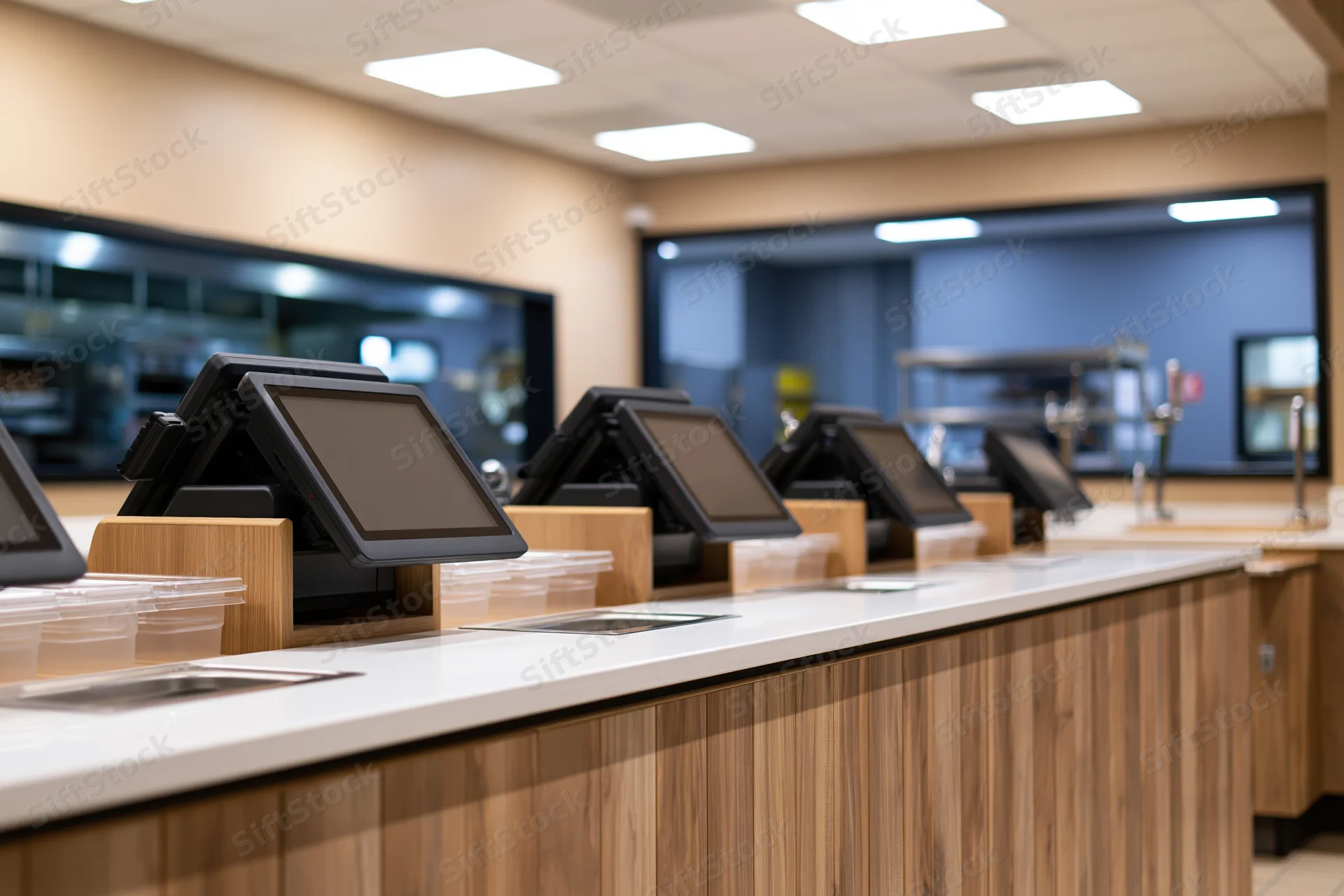Row of black touchscreen pos terminals on a wooden counter in a fast food restaurant interior