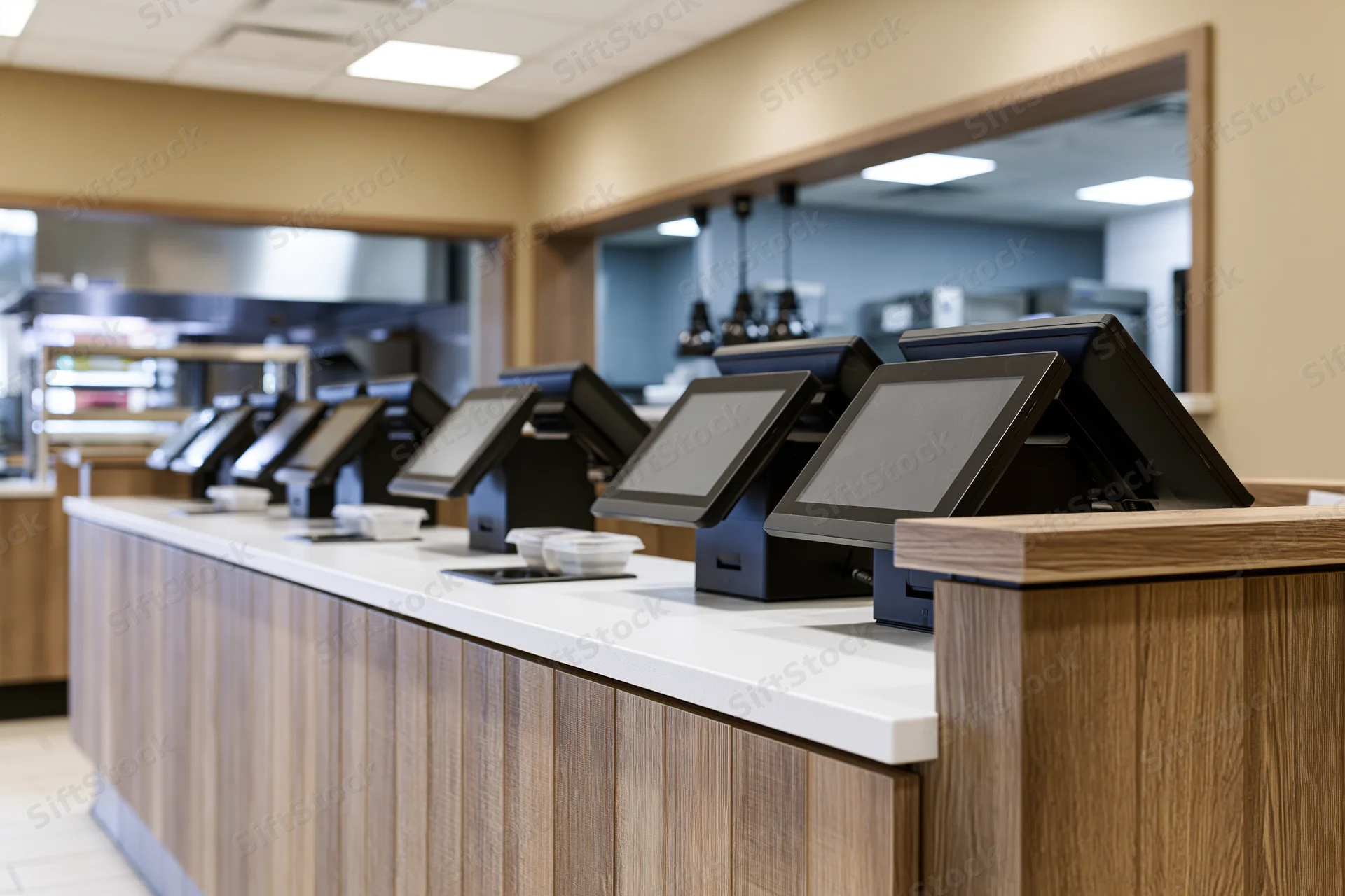 Row of black pos terminals on a white counter in a fast food restaurant interior