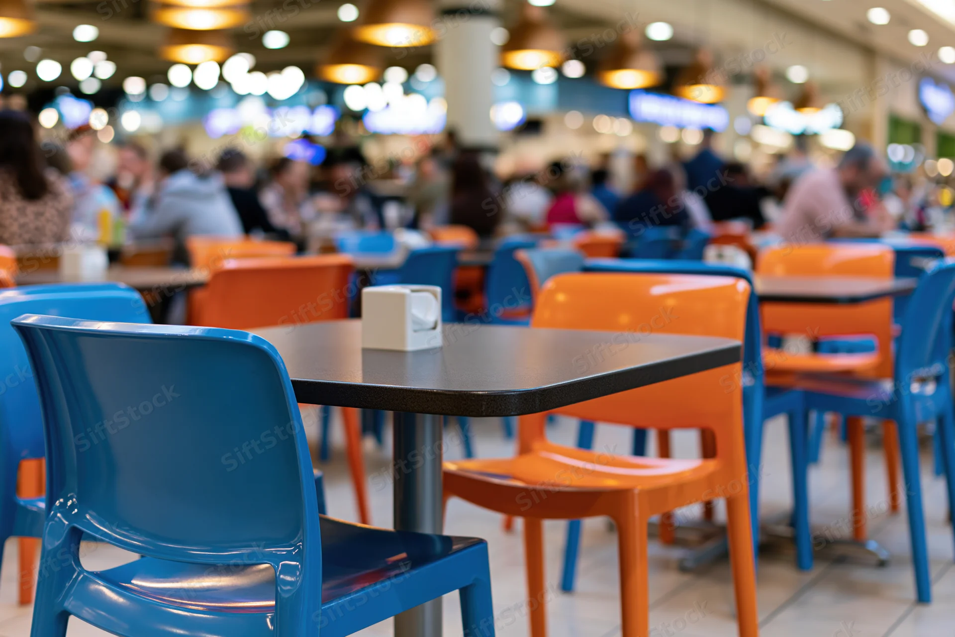 Empty tables and chairs in a food court seating area inside a shopping mall