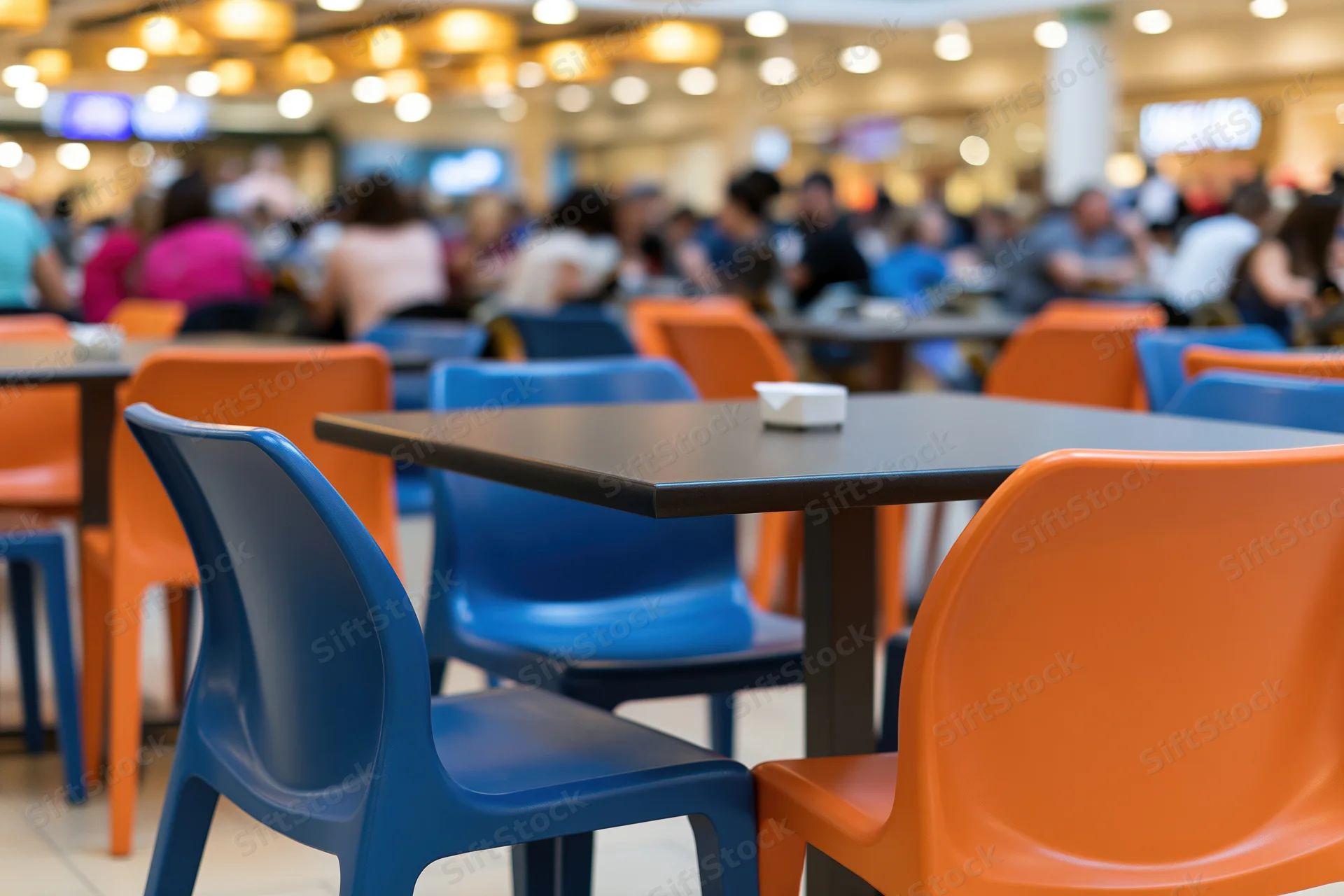 Empty tables and chairs in a busy food court inside a shopping mall