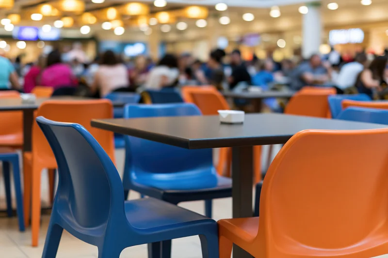 Empty tables and chairs in a busy food court inside a shopping mall