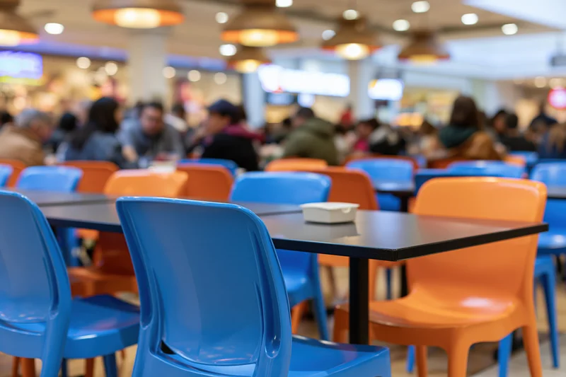 Empty plastic chairs and tables in a food court seating area inside a shopping mall