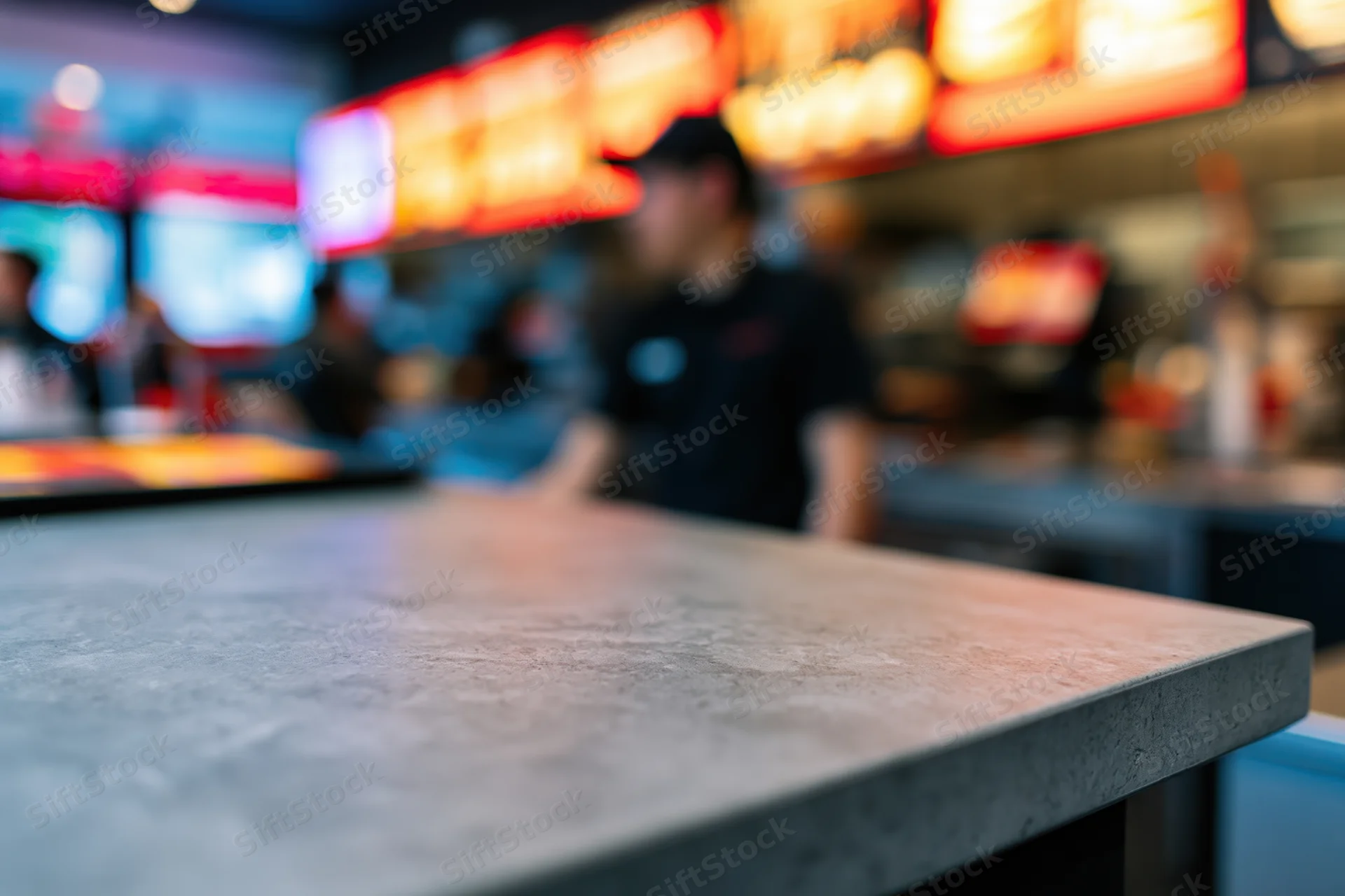 Grey concrete counter surface in sharp focus with blurred restaurant background
