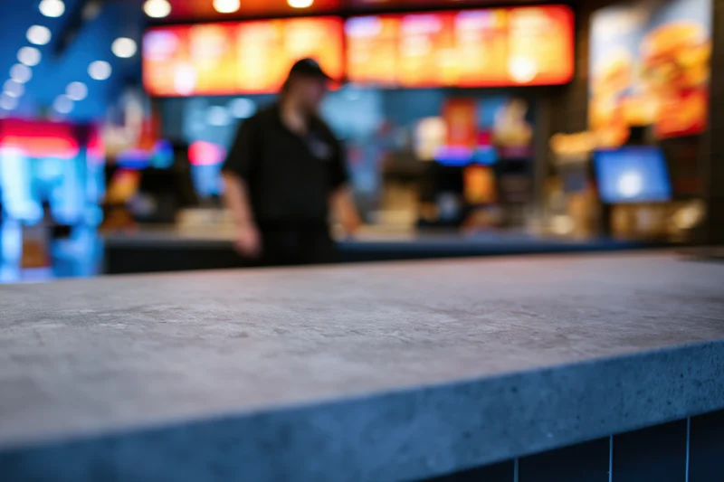 Empty grey concrete counter in sharp focus with blurred fast food restaurant interior behind
