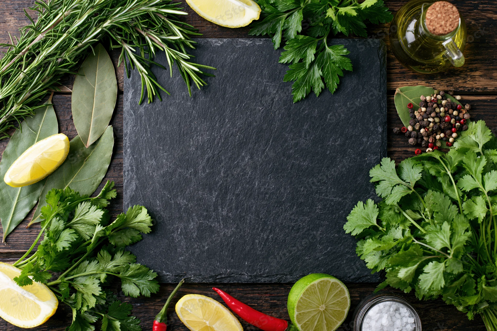 Black slate board surrounded by fresh herbs and spices on dark wooden table