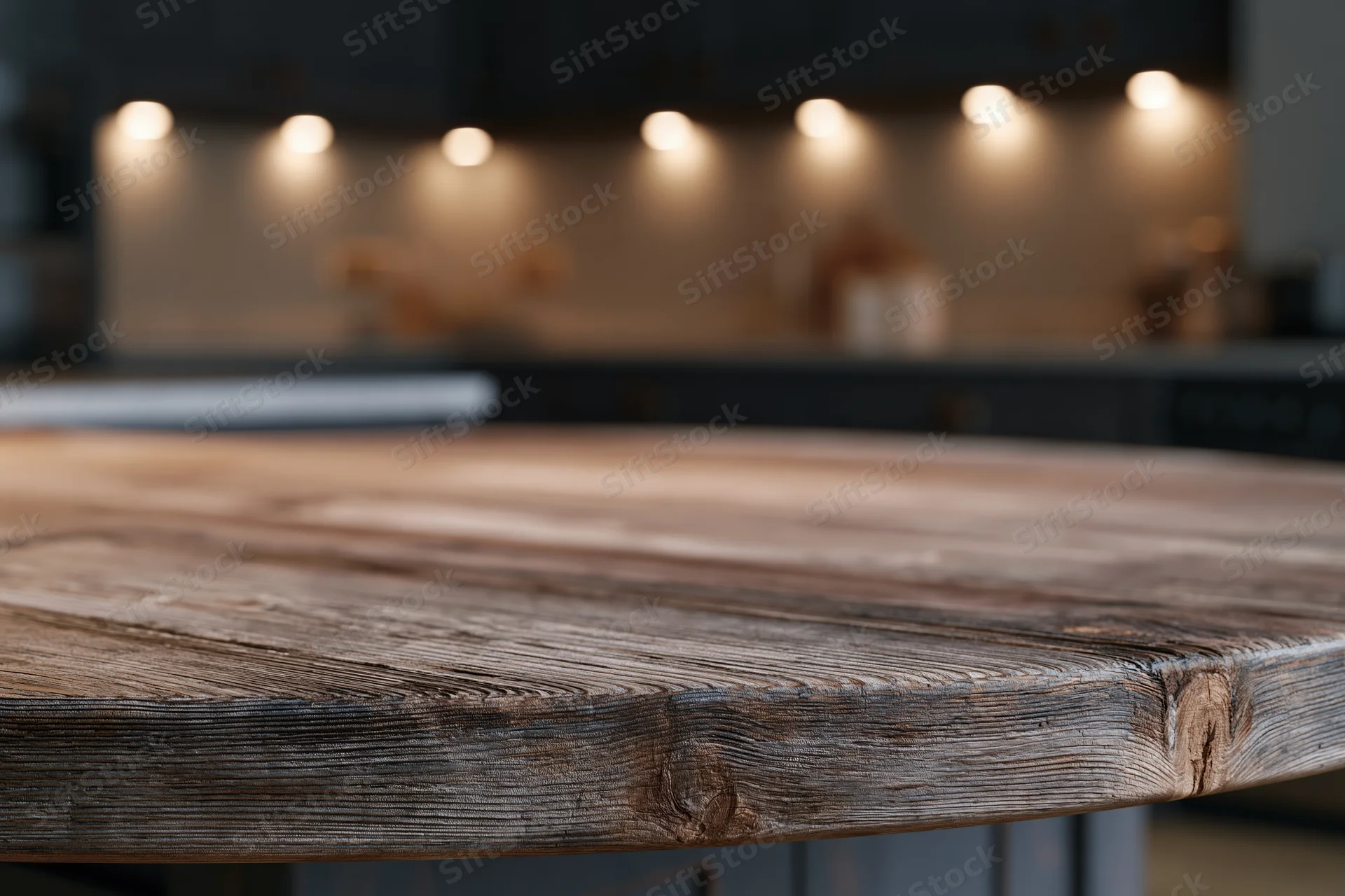 Round weathered wooden table surface in a modern kitchen with blurred background and warm lighting
