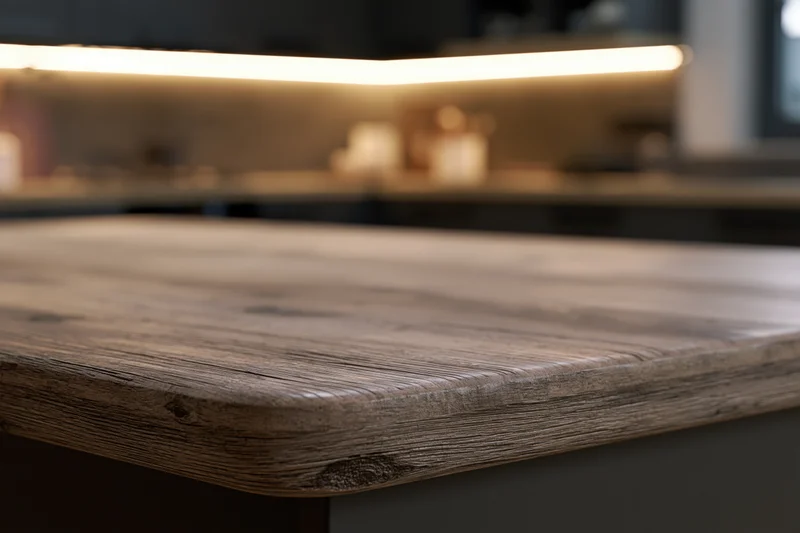 Weathered wooden table surface in a modern kitchen with undercabinet lighting