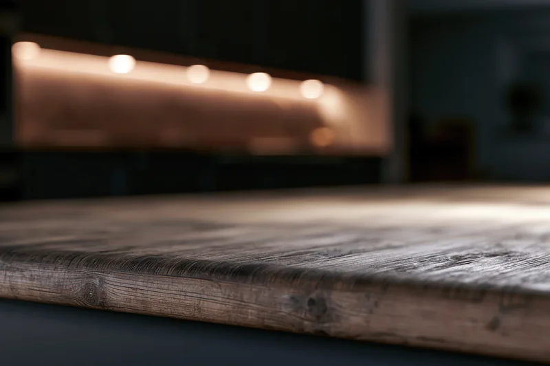 Weathered wooden table surface in foreground with blurred warm lights in background