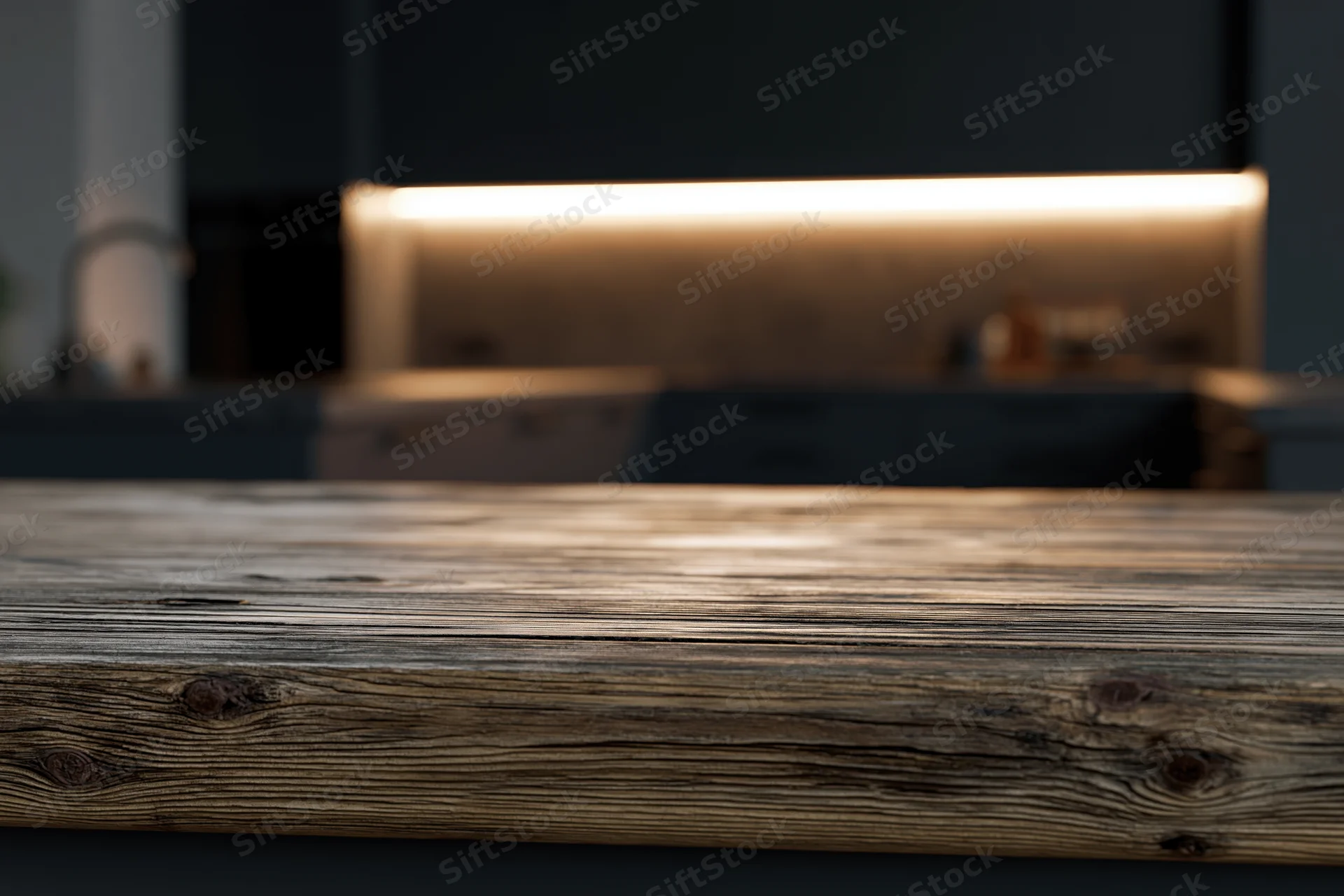 Weathered wooden table surface in a modern kitchen interior with warm ambient lighting and copyspace