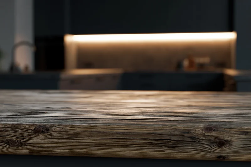 Weathered wooden table surface in a modern kitchen interior with warm ambient lighting and copyspace