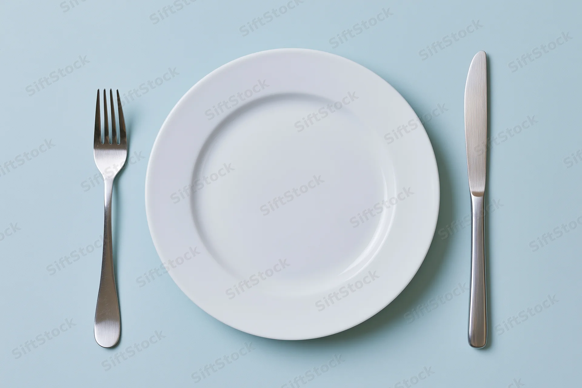 Empty white ceramic dinner plate with fork and knife arranged on pale blue surface in flat lay overhead view