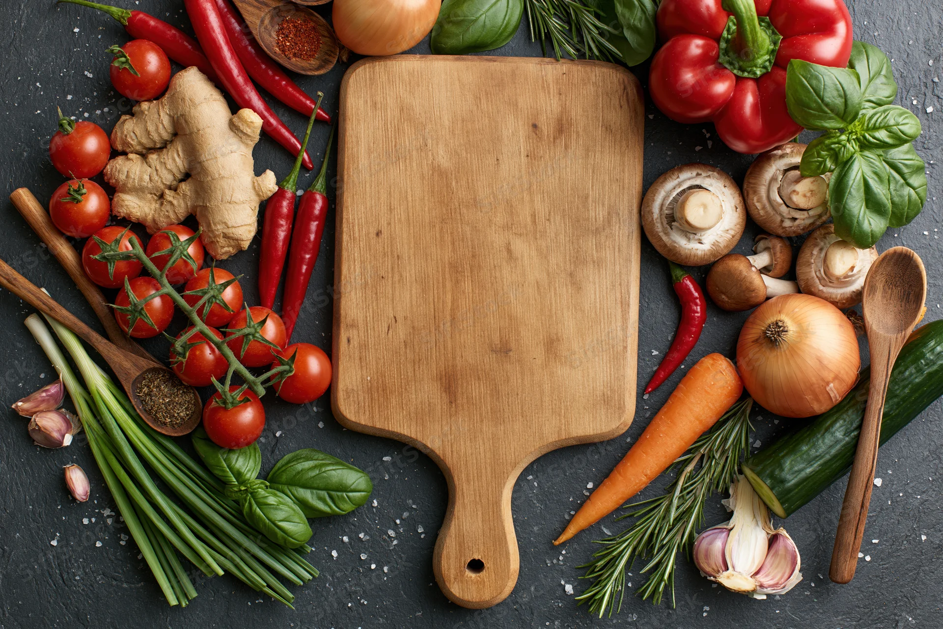 Wooden cutting board surrounded by fresh vegetables and herbs on dark slate surface