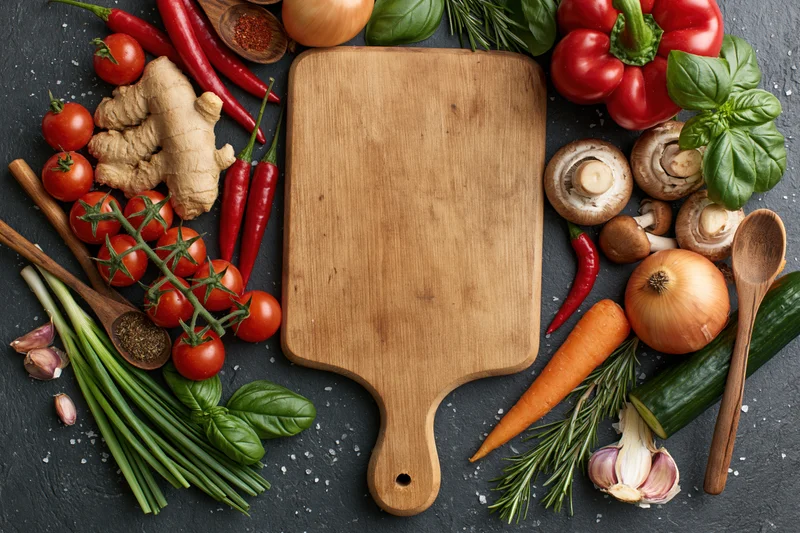 Wooden cutting board surrounded by fresh vegetables and herbs on dark slate surface