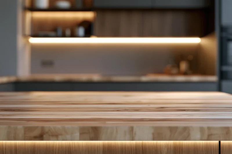Wooden countertop in sharp focus with blurred kitchen background