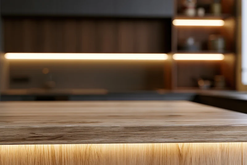 Wooden kitchen countertop in sharp focus with warm underlighting and blurred cabinetry in background