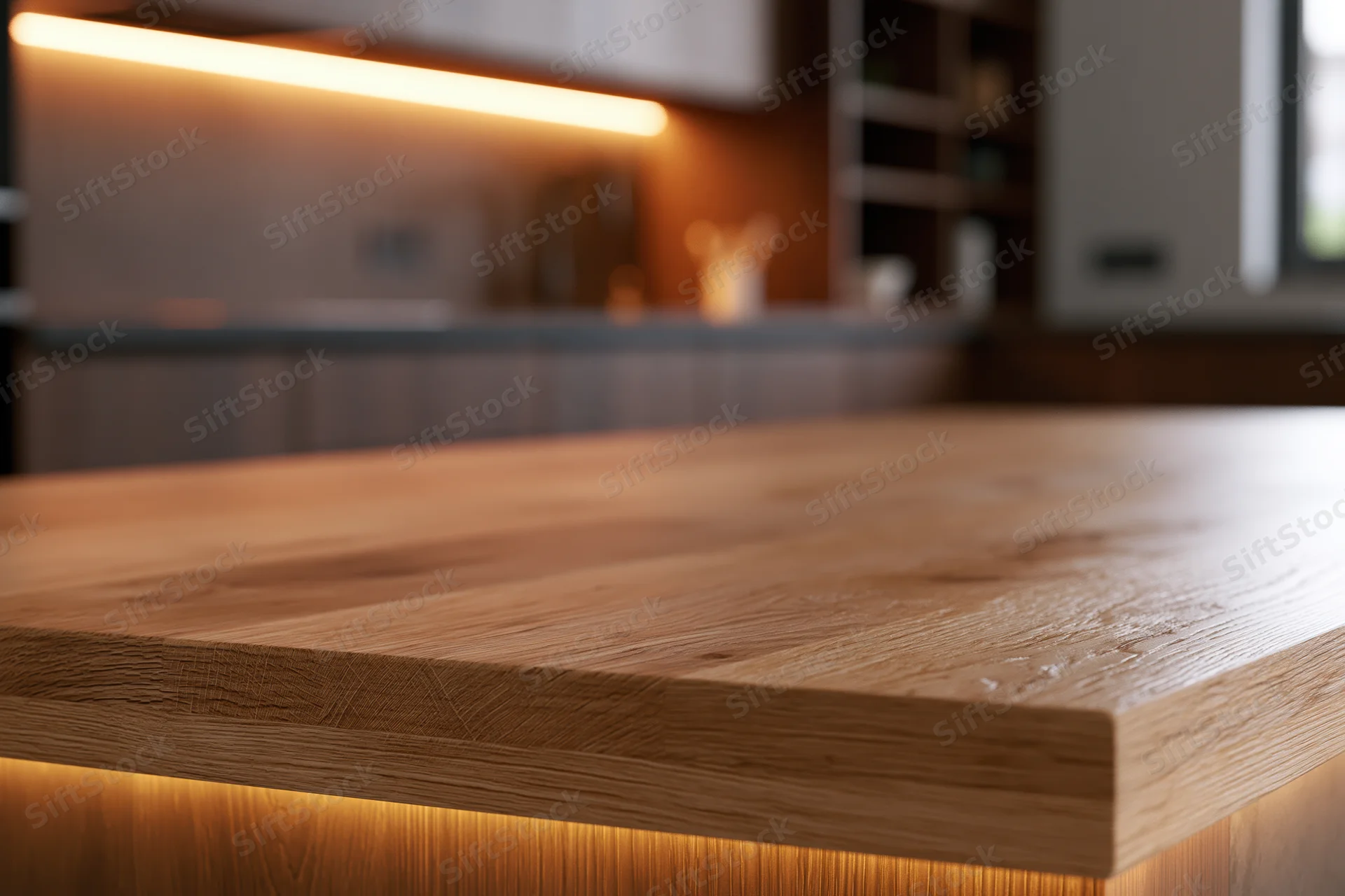 Wooden countertop in sharp focus with warm undercabinet lighting in modern kitchen interior