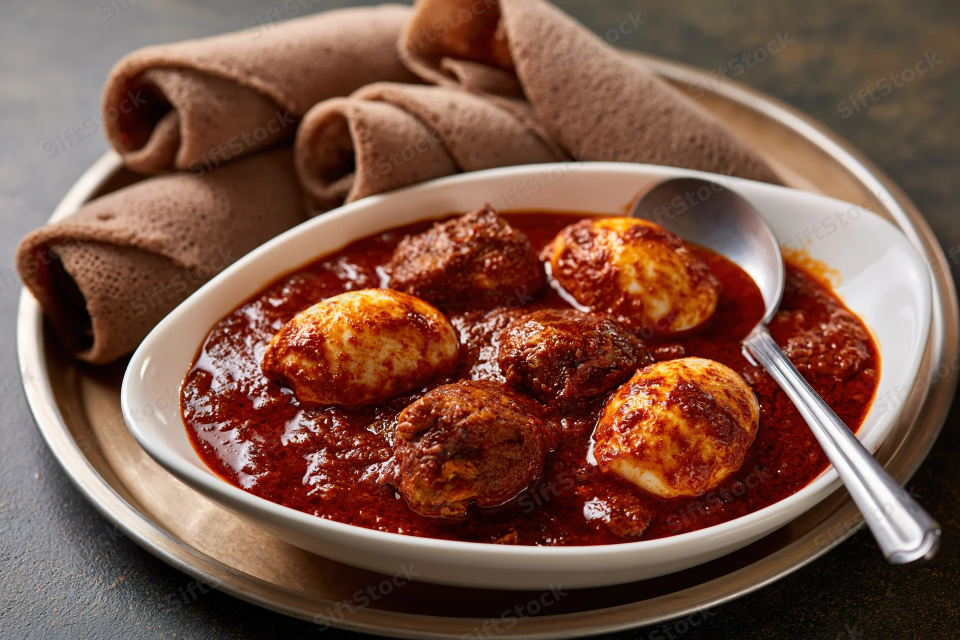 Ethiopian doro wat chicken stew with hard-boiled eggs in red sauce served in a white bowl with a spoon on a metal tray