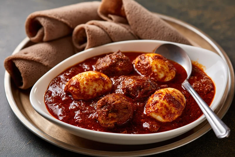 Ethiopian doro wat chicken stew with hard-boiled eggs in red sauce served in a white bowl with a spoon on a metal tray