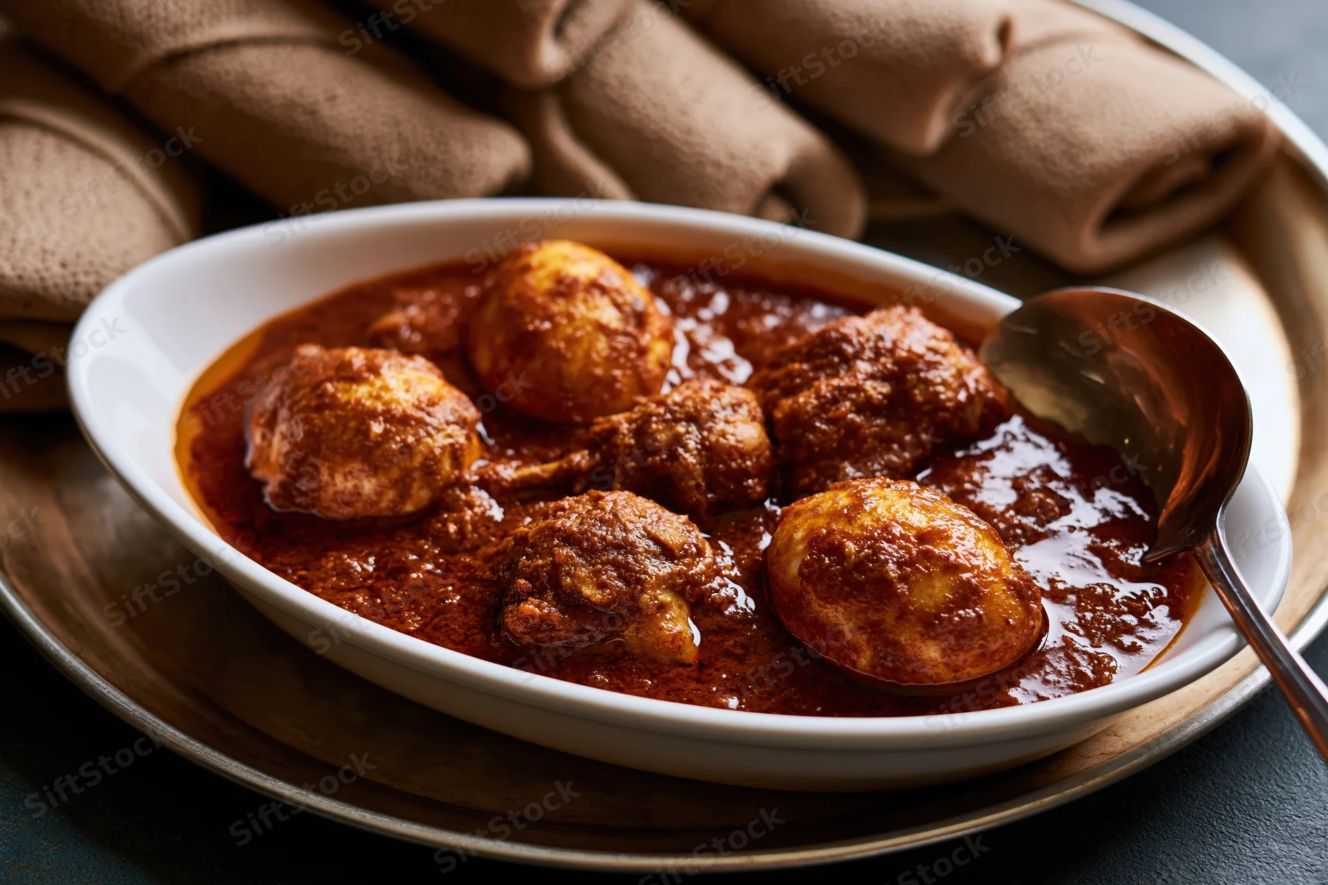 Ethiopian doro wat chicken stew with hard-boiled eggs in rich red sauce served in white oval dish with spoon on tray