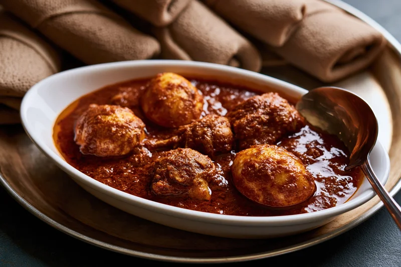 Ethiopian doro wat chicken stew with hard-boiled eggs in rich red sauce served in white oval dish with spoon on tray