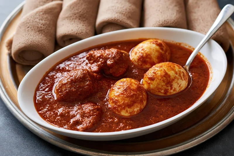 Ethiopian doro wat chicken stew with hard-boiled eggs in a white oval bowl on a wooden tray with rolled injera bread beside it