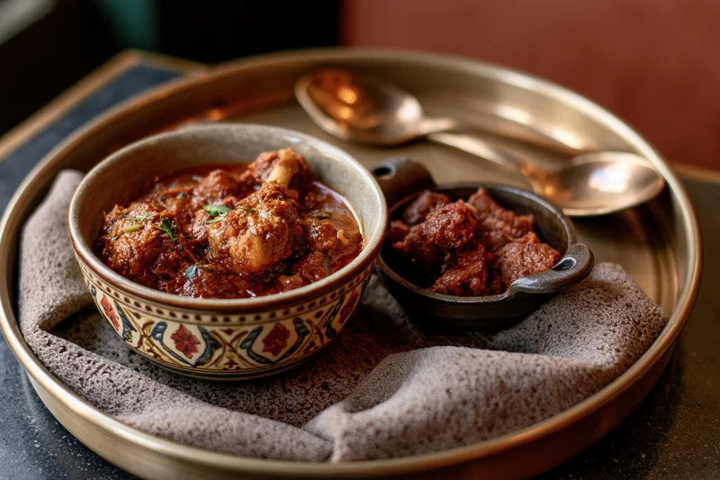 Ethiopian stew and meat served in decorative bowls on a metal tray with spoons and cloth napkin