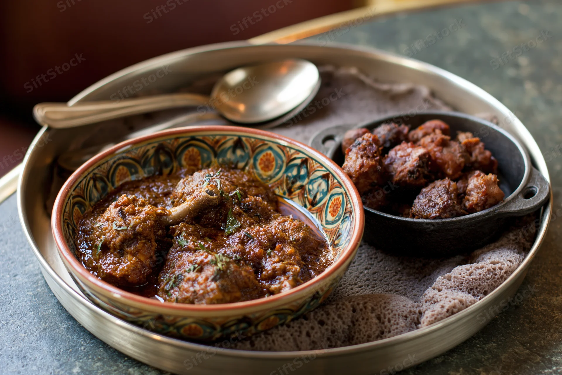 Ethiopian injera platter with meat stew and side dish served on a large round metal tray