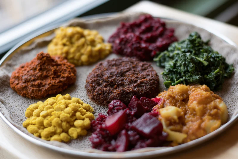Ethiopian injera platter with colorful vegetable and legume dishes arranged on a metal tray