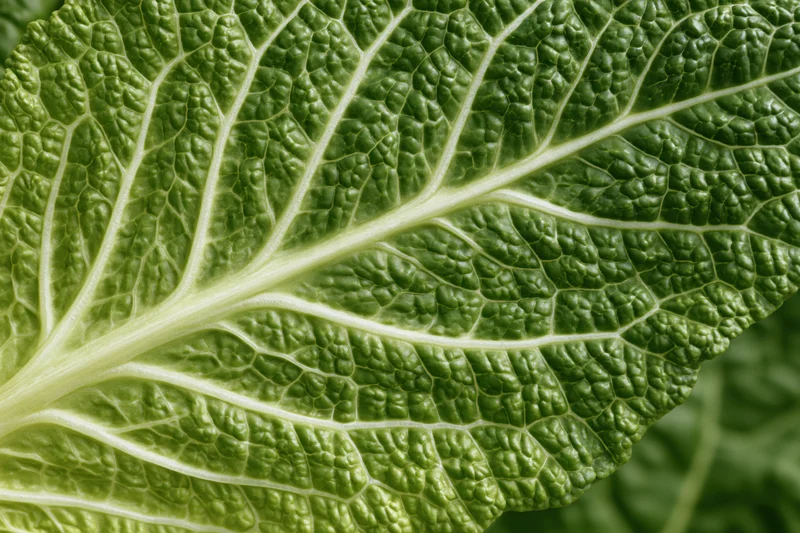 Close-up of a green cabbage leaf showing detailed veins and texture
