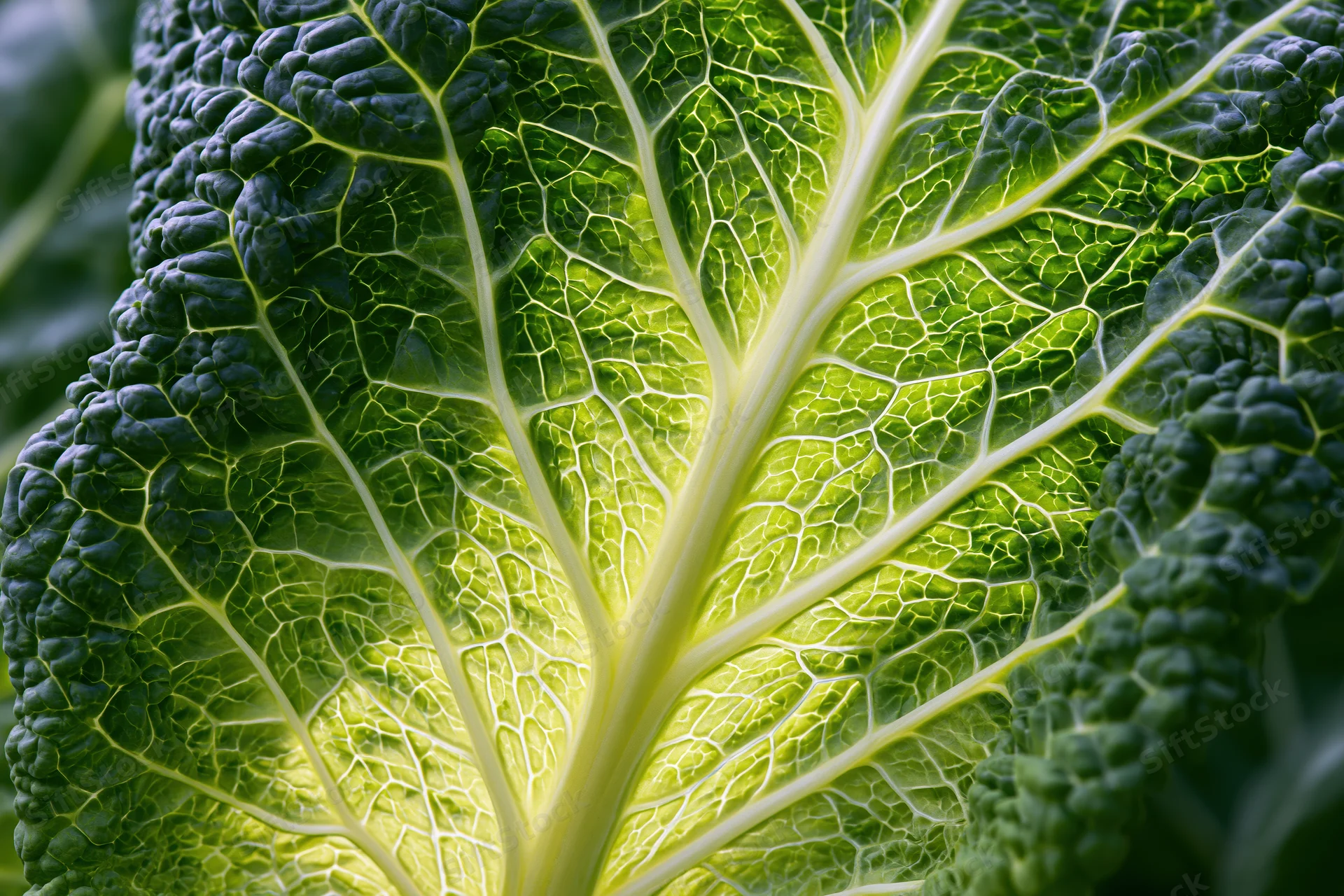 Close-up of a savoy cabbage leaf showing detailed veins and textured surface