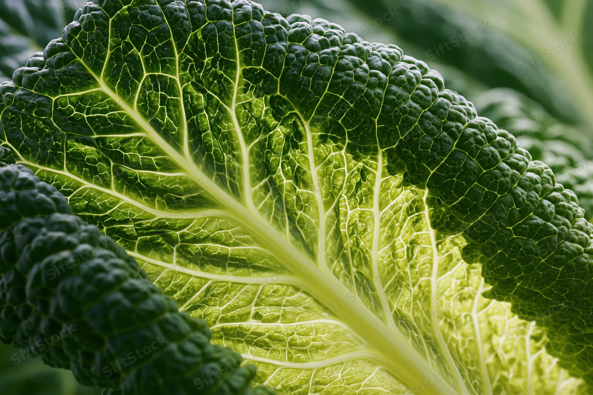 Extreme close-up of a savoy cabbage leaf showing detailed veins and textured surface