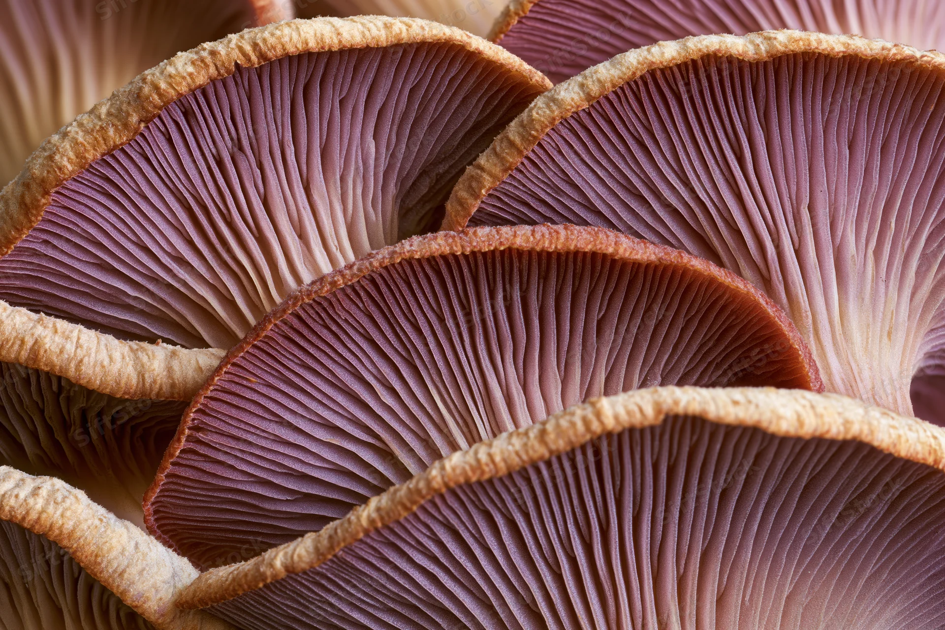 Overlapping mushroom caps viewed from below showing gills and textured undersides