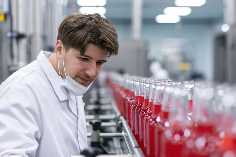 Young male worker in white lab coat inspecting red liquid bottles on conveyor line in factory