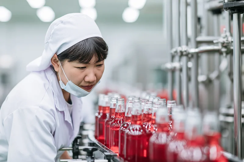 Woman inspecting red liquid bottles on a factory production line