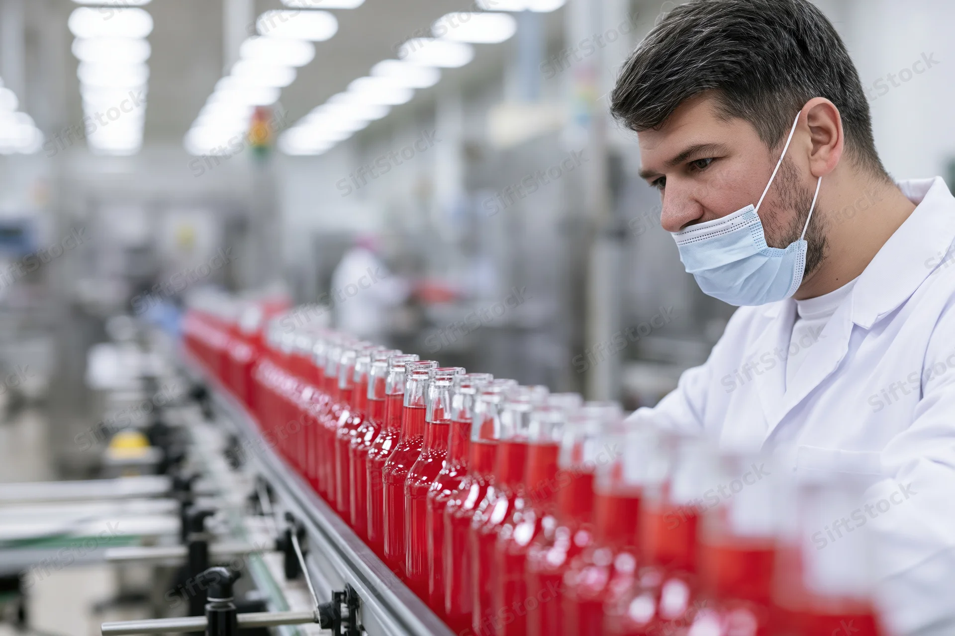 Quality control worker inspecting red bottles on conveyor line in factory
