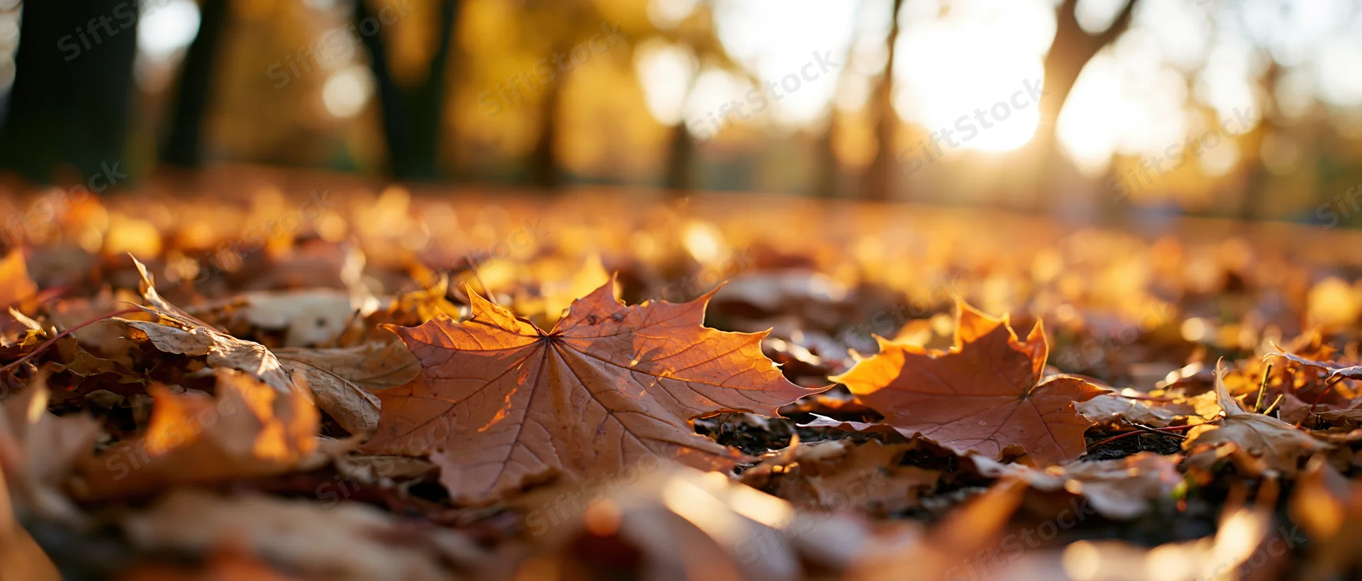 Fallen maple leaves carpeting park floor in golden sunlight at low angle