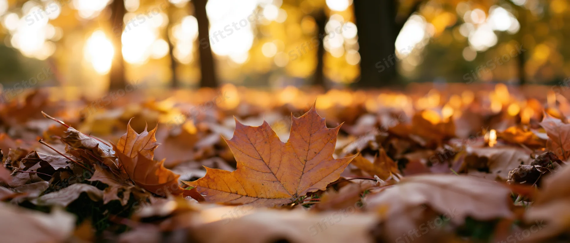 Fallen maple leaves carpeting the park floor in autumn sunlight