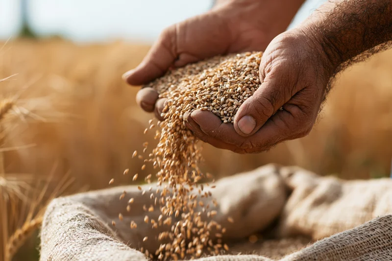 Weathered hands pouring wheat grains into a burlap sack in a golden field