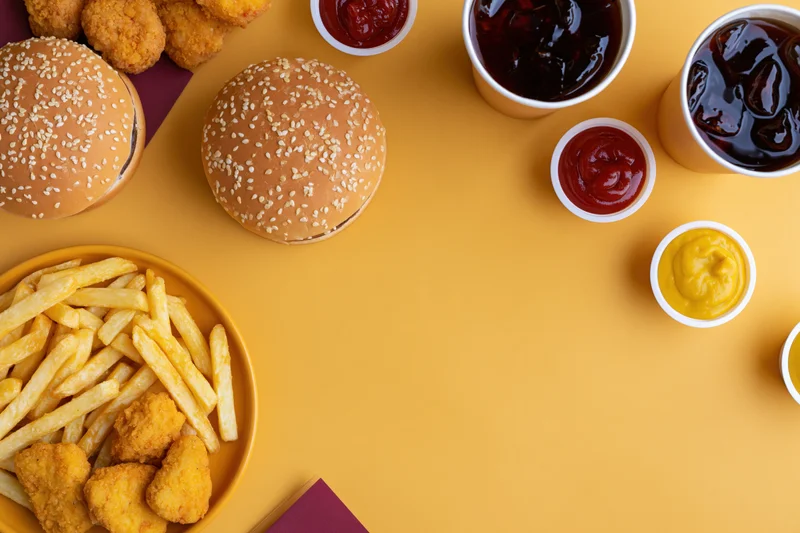 Fast food items including burgers, fries, chicken nuggets, and condiments arranged on a yellow surface with copyspace