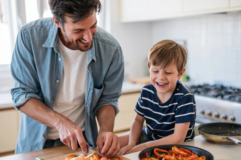 Father and son chopping vegetables together in kitchen