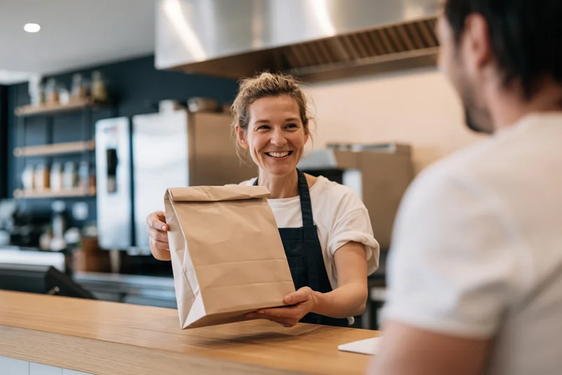 Woman in apron handing paper bag to customer at cafe counter