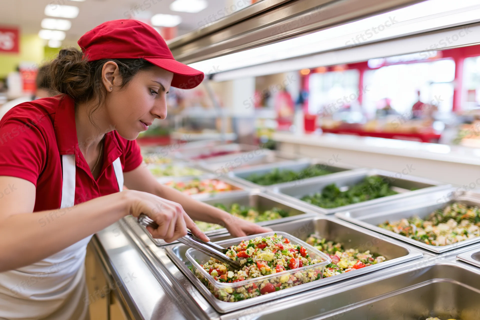 Woman in red uniform scooping colorful grain salad into plastic container at deli counter