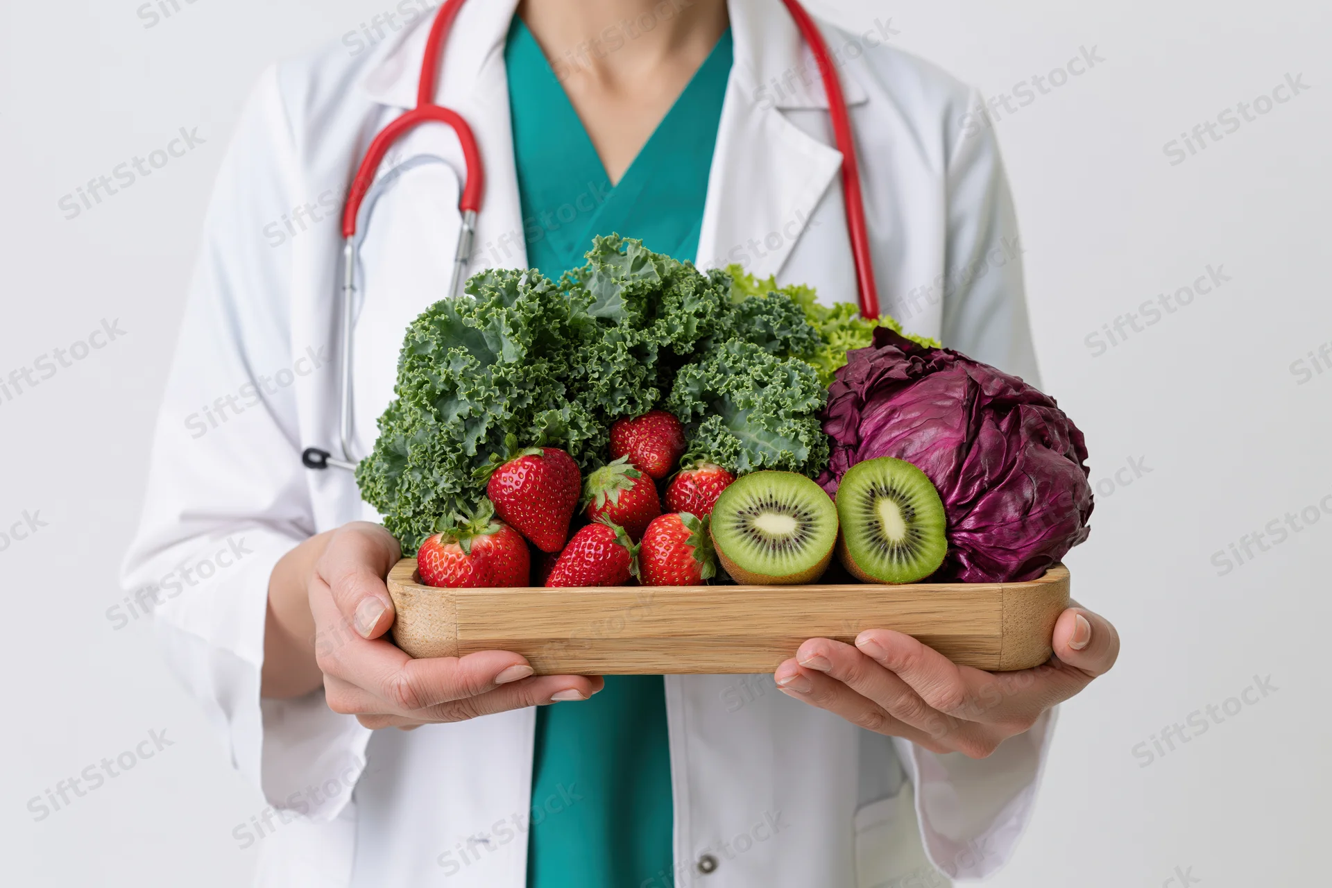 Woman in white coat holding wooden tray with fresh vegetables and fruits
