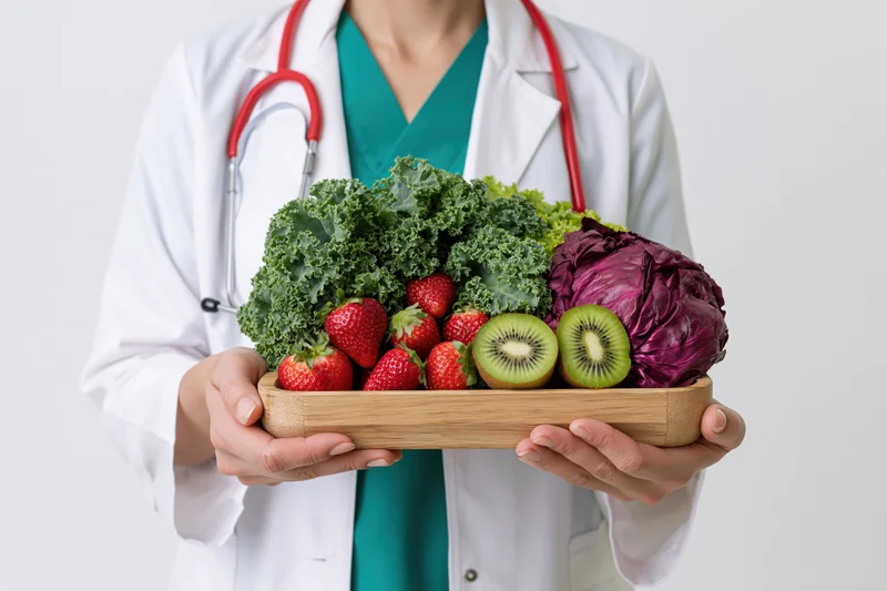 Woman in white coat holding wooden tray with fresh vegetables and fruits